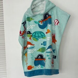 Kids Hooded Beach Towel Poncho - Aqua Pirate Sea Creatures
